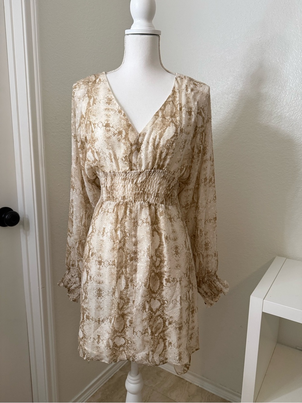 Fate Snake-Print Long Sleeve V-Neck Dress